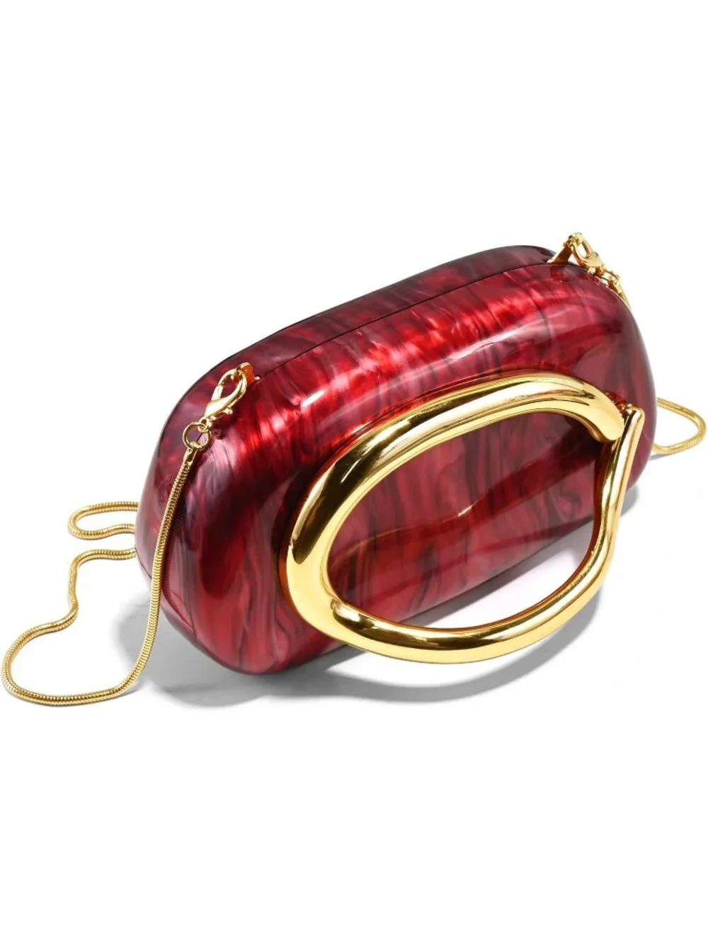 👜Women's Marble Red Acrylic Clutch Gold Handle Evening Bag Party